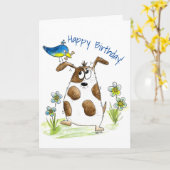 Whimsical Spotted Dog met Bird Kaart (Gele Bloem)