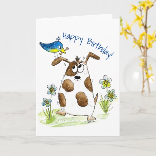 Whimsical Spotted Dog met Bird Kaart (Gele Bloem)