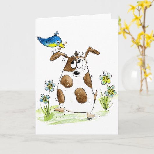 Whimsical Spotted Dog met Bird Kaart (Gele Bloem)