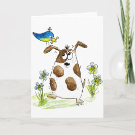 Whimsical Spotted Dog met Bird Kaart