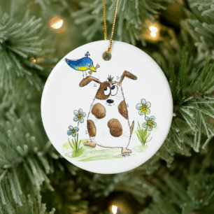Whimsical Spotted Dog met Bird Keramisch Ornament