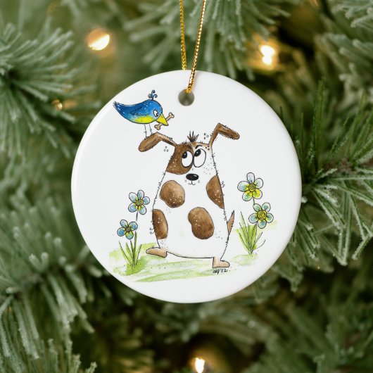 Whimsical Spotted Dog met Bird Keramisch Ornament (Boom)