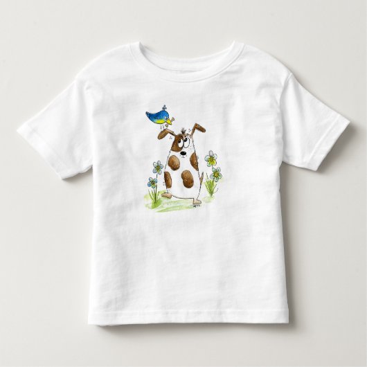 Whimsical Spotted Dog met Bird Kinder Shirts (Voorkant)