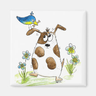 Whimsical Spotted Dog met Bird Magneet