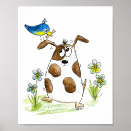 Whimsical Spotted Dog met Bird Poster
