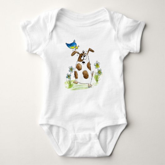Whimsical Spotted Dog met Bird Romper (Voorkant)