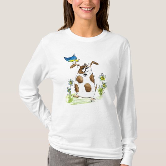 Whimsical Spotted Dog met Bird T-shirt (Voorkant)