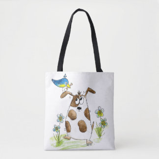 Whimsical Spotted Dog met Bird Tote Bag