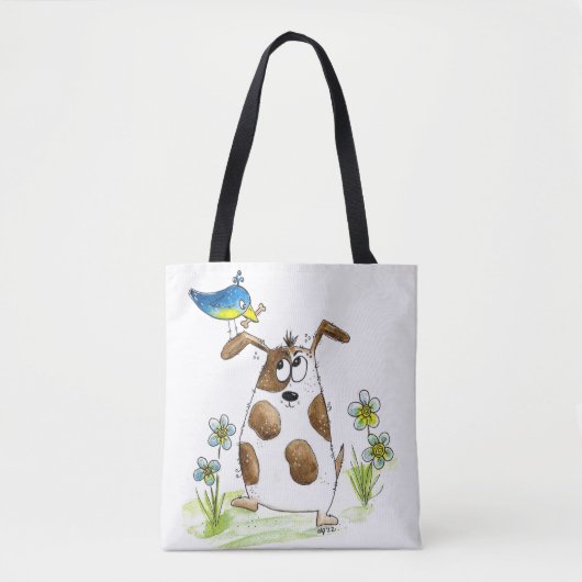 Whimsical Spotted Dog met Bird Tote Bag (Voorkant)
