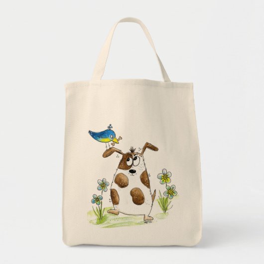 Whimsical Spotted Dog met Bird Tote Bag (Voorkant)