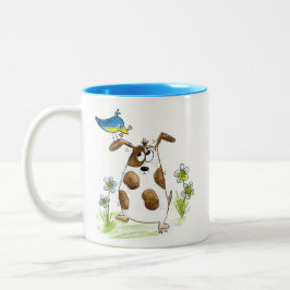 Whimsical Spotted Dog met Bird Tweekleurige Koffiemok