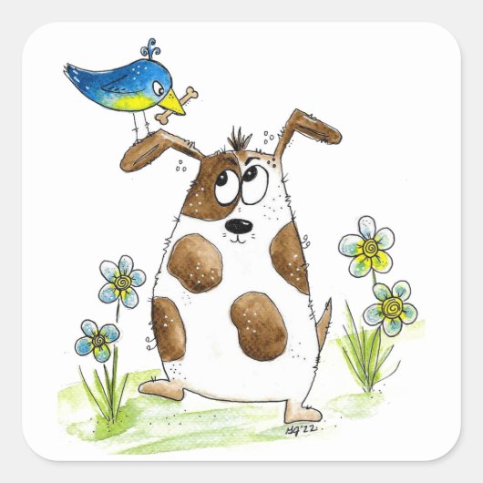Whimsical Spotted Dog met Bird Vierkante Sticker (Voorkant)