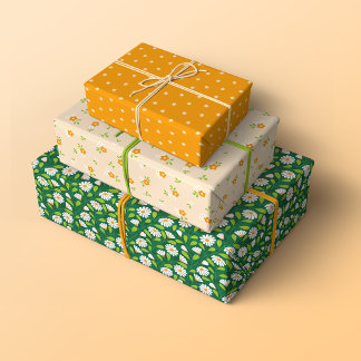 Whimsical Spring Daisies, Vines and Dots Patterns Inpakpapier Vel