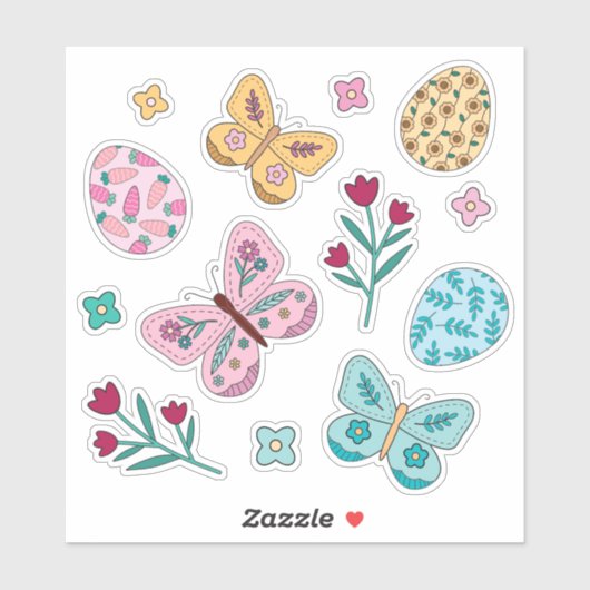 Whimsical Spring Floral, Butterfly en Easter Eggs Sticker (Vel)
