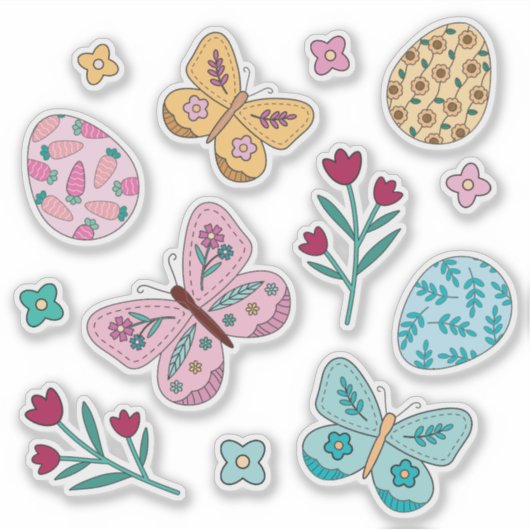 Whimsical Spring Floral, Butterfly en Easter Eggs Sticker (Voorkant)