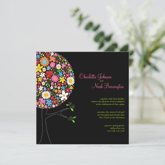 Whimsical Spring Flowers Pop Tree Bruiloft Uitnodi Kaart (Staand voorkant)