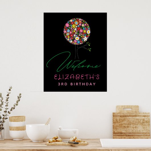 Whimsical Spring Flowers Pop Tree Party Welkom Poster (Keuken)