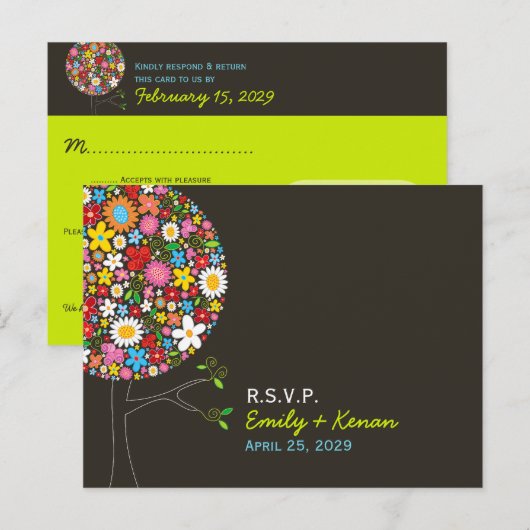 Whimsical Spring Flowers Pop Tree Wedding RSVP Uitnodiging Briefkaart (Voorkant / Achterkant)