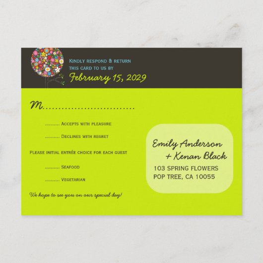 Whimsical Spring Flowers Pop Tree Wedding RSVP Uitnodiging Briefkaart (Achterkant)