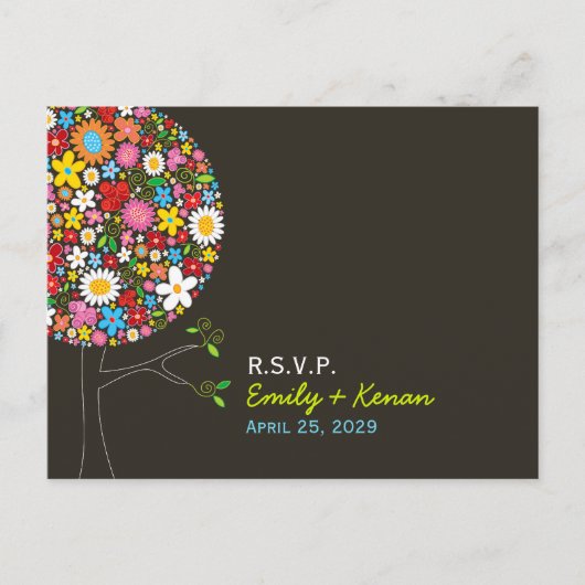 Whimsical Spring Flowers Pop Tree Wedding RSVP Uitnodiging Briefkaart (Voorkant)