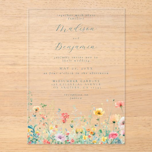 Whimsical Spring Wildflower Wedding Acryl Uitnodigingen (Voorkant)