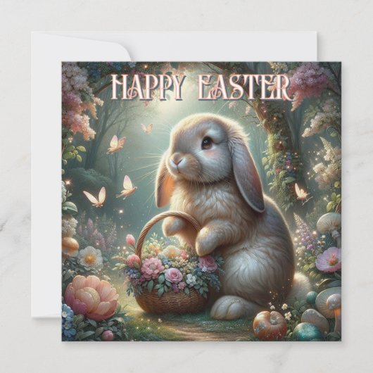 Whimsical Spring Woodland Bloemen Paashaas Feestdagenkaart (Voorkant)