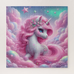 Whimsical sprookje roze glitter en blauwe eenhoorn legpuzzel