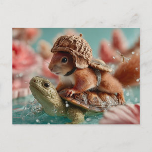 Whimsical Squirrel Riding a Turtle Feestdagenkaart
