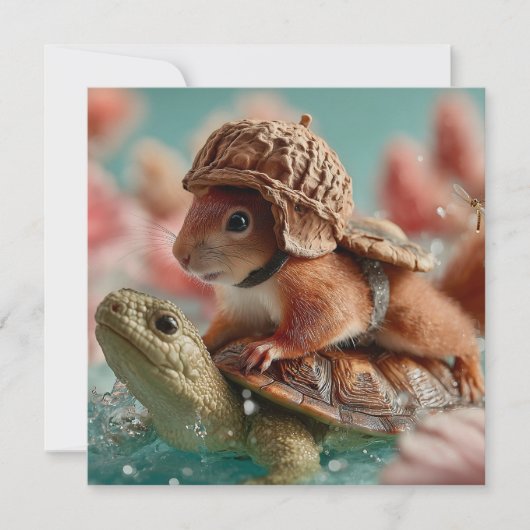 Whimsical Squirrel Riding a Turtle Feestdagenkaart (Voorkant)