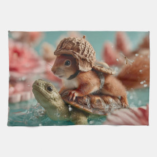 Whimsical Squirrel Riding a Turtle Theedoek