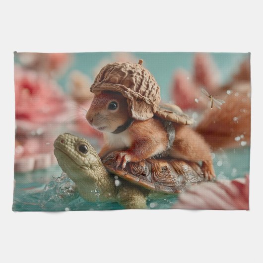 Whimsical Squirrel Riding a Turtle Theedoek (Horizontaal)