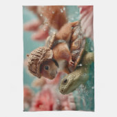 Whimsical Squirrel Riding a Turtle Theedoek (Verticaal)