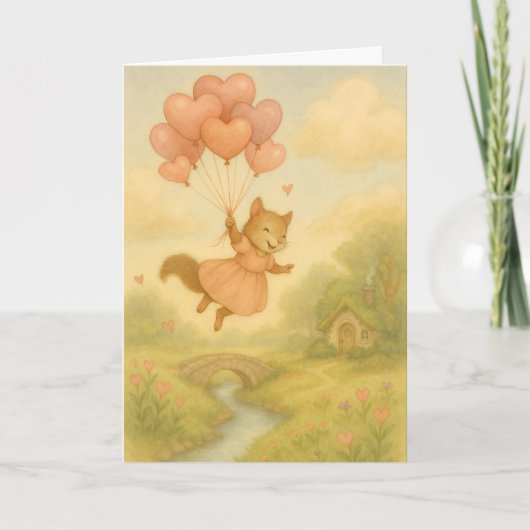 Whimsical Squirrel with Heart Balloons Valentine  Kaart (Voorkant)
