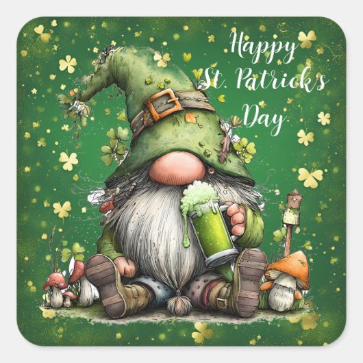 Whimsical St. Patrick’s Day Gnome Celebration Vierkante Sticker (Voorkant)