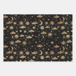 Whimsical Star Moon Planeten Goud Op Zwart Inpakpapier Vel