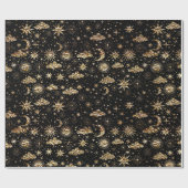 Whimsical Star Moon Planets Gold op Black Cadeaupapier (Vlak)