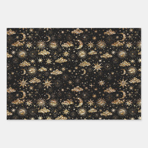 Whimsical Star Moon Planets Gold op Black Inpakpapier Vel