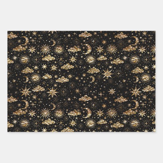 Whimsical Star Moon Planets Gold op Black Inpakpapier Vel (Voorkant)