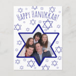 Whimsical Star of David Foto Frame Happy Hanukkah Feestdagenkaart<br><div class="desc">This fun postcard is a great way to wish your friends and familiy a Happy Hanukkah. Features a whimsical design with a Star of David foto frame where you can upload your picture onto a white background scattered with small stars of David resembling snowflakes. The font is a hand written...</div>