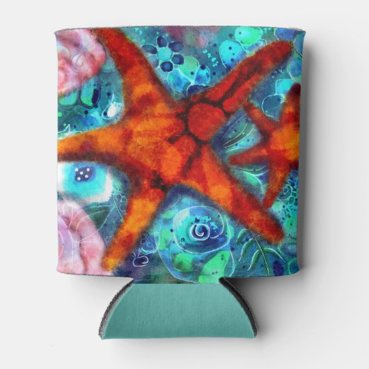 Whimsical Starfish Seashells Beach Blauwgroen Roze Blikjeskoeler (Voorkant)