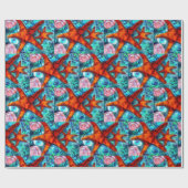 Whimsical Starfish Seashells Beach Blauwgroen Roze Cadeaupapier (Vlak)