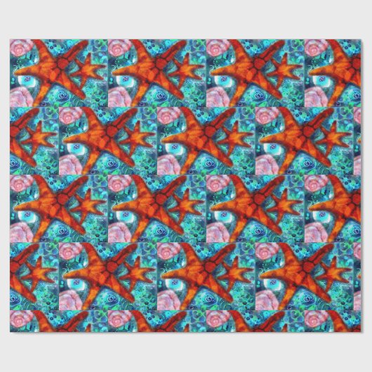 Whimsical Starfish Seashells Beach Blauwgroen Roze Cadeaupapier (Vlak)