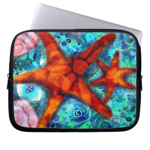 Whimsical Starfish Seashells Beach Blauwgroen Roze Laptop Sleeve