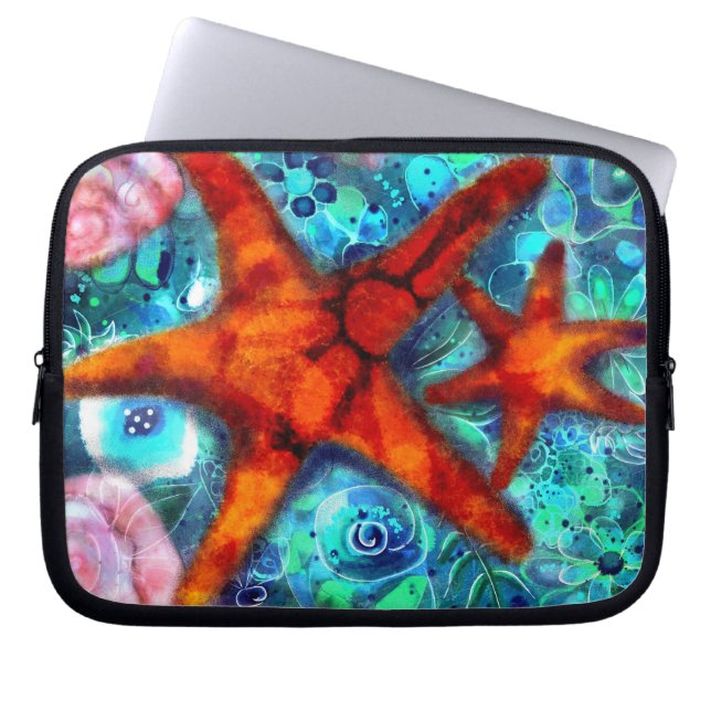 Whimsical Starfish Seashells Beach Blauwgroen Roze Laptop Sleeve (Voorkant)