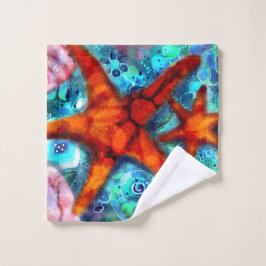 Whimsical Starfish Seashells Beach Blauwgroen Roze Washandje