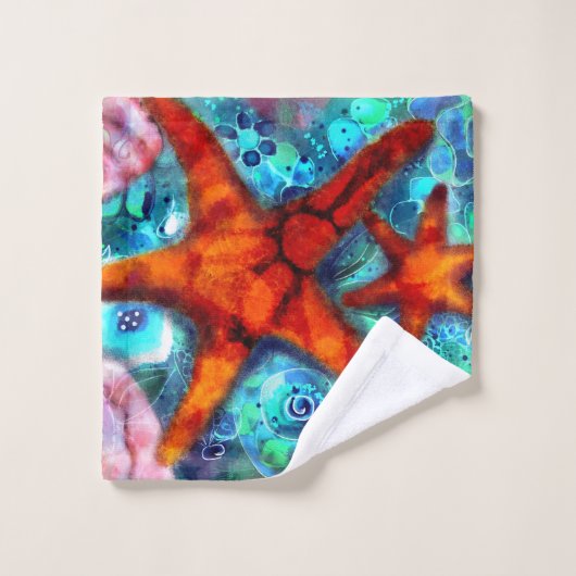 Whimsical Starfish Seashells Beach Blauwgroen Roze Washandje (Wasdoekje)