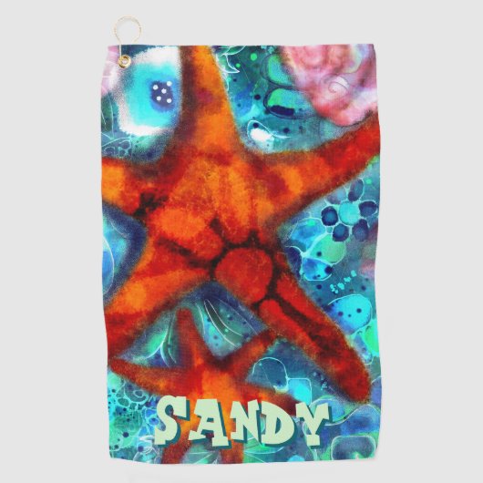 Whimsical Starfish Seashells Beach gepersonaliseer Golfhanddoek (Voorkant)