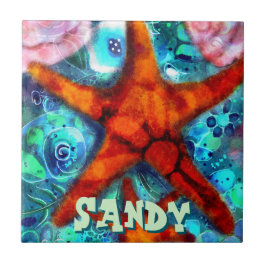 Whimsical Starfish Seashells Beach gepersonaliseer Tegeltje