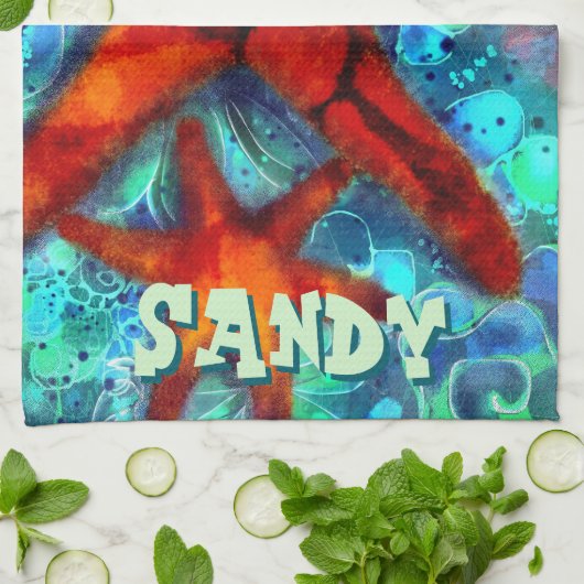 Whimsical Starfish Seashells Beach gepersonaliseer Theedoek (Gevouwen)