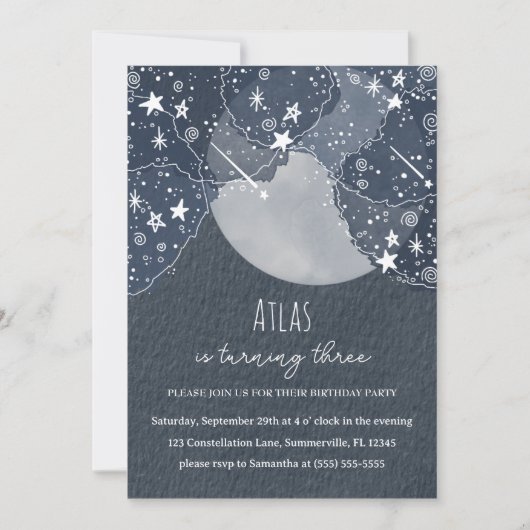 Whimsical Stars and Moon Birthday Party Invitation Kaart (Voorkant)